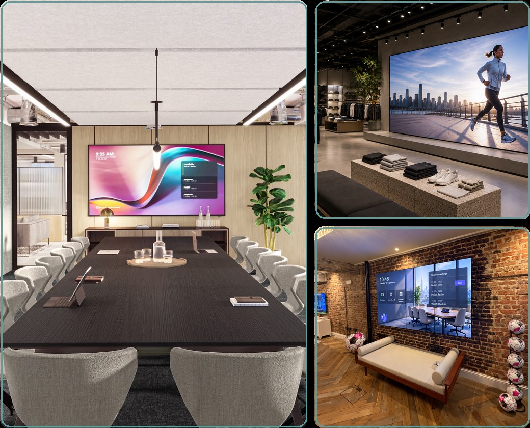 QuintAV installations: a boardroom display, a retail LED wall, and a video-wall in a workplace lounge